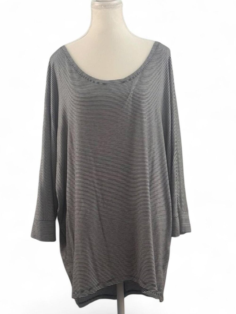 Shannon Passero Black White Fine Striped Scoop Neck Dolman Tunic Top XL